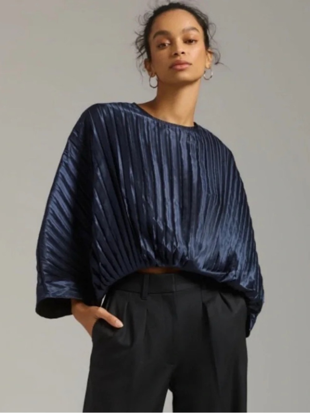 Anthropologie Nikasha Pleated Blouse in Navy Blue | XL NWT - Picture 1 of 11
